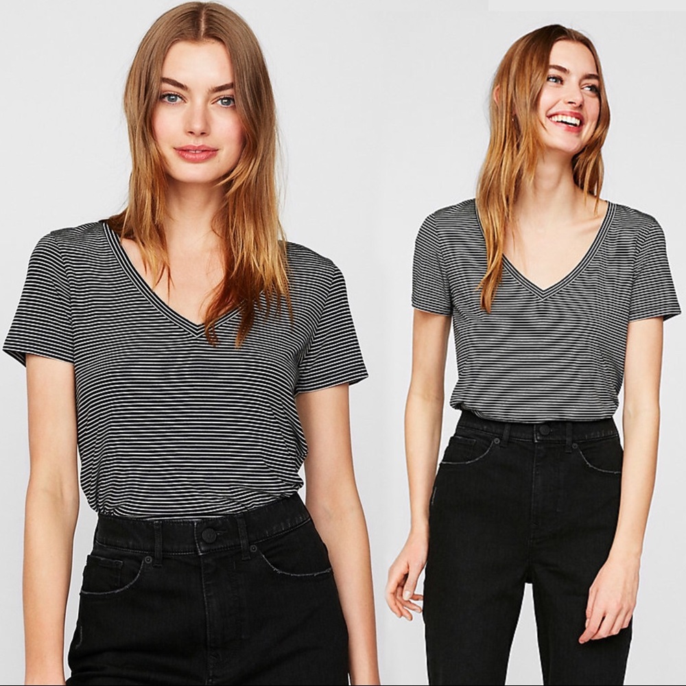 Express Slim Tee One Eleven Stripe V Neck Black